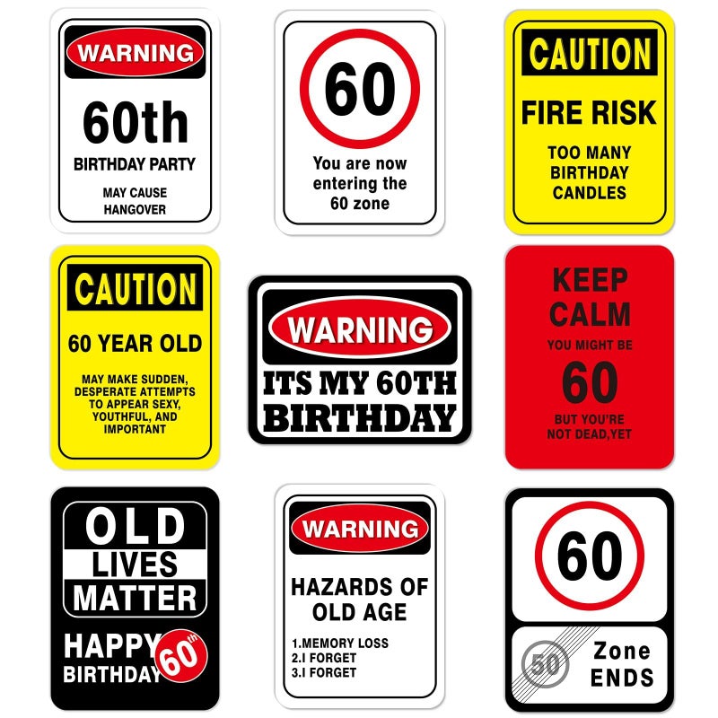 WERNNSAI 60th Birthday Decorations - 9 PCS Happy Birthday 60 Years Old Decor Yellow Funny Signs Yard Garden Door Wall Windows for 60th Party Picture Props Warning Logo for Men Women - Image 1
