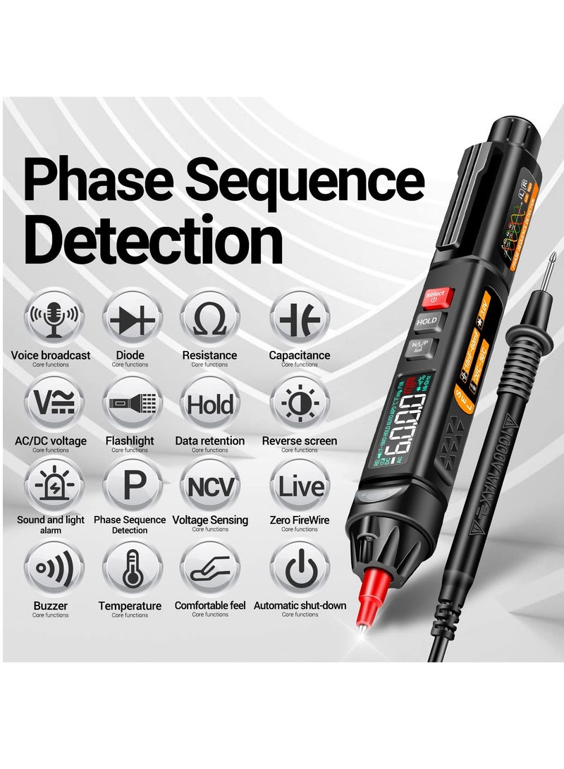 SYOSI Multimeter AC/DC Voltage Tester, 6000 Counts Pen Type Professional Current Meter, Non-Contact Electricians Voltmeter Tester for AC DC Voltage, Live Wire, Resistance, Continuity and Diode Tests - Image 2