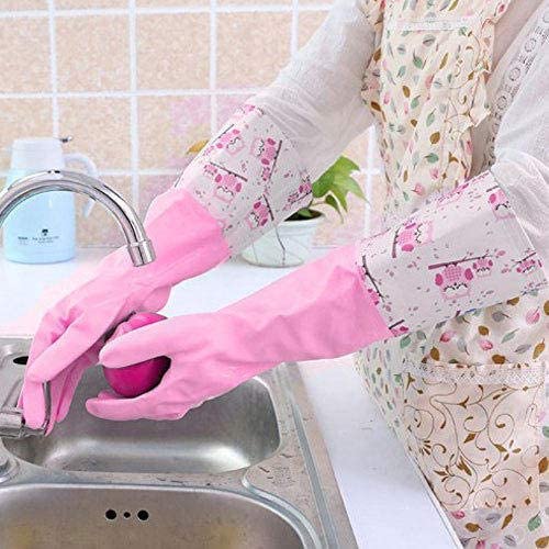Moxtiza Rubber Hand Dishwashing Gloves | Reusable Waterproof Kitchen Cleaning Gloves for Women & Men, Large Free Size, Pink, 1 Pair - Image 3