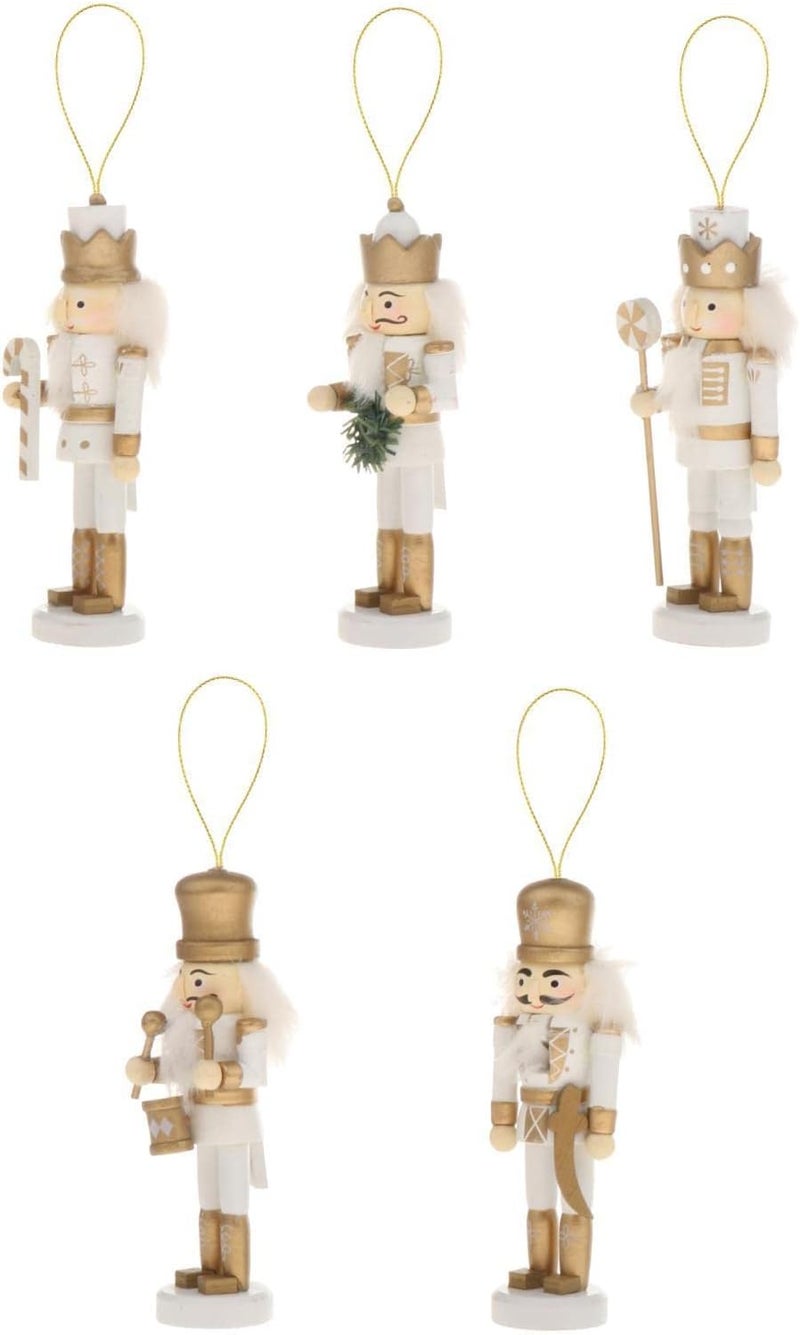 klarako 5 PCS Wooden Nutcracker Figures Soldier Puppet Toy for Christmas Themed Party Outdoor Yard Tree Hanging Decorations, 12.5CM - White Gold - Image 1