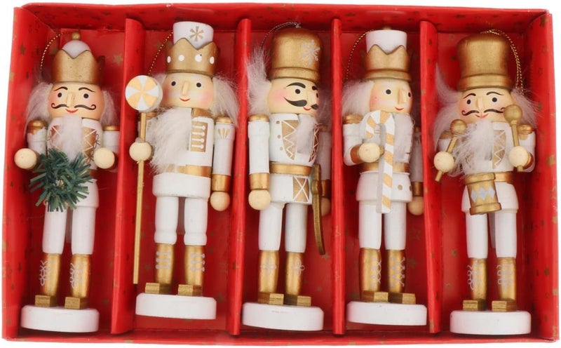 klarako 5 PCS Wooden Nutcracker Figures Soldier Puppet Toy for Christmas Themed Party Outdoor Yard Tree Hanging Decorations, 12.5CM - White Gold - Image 2