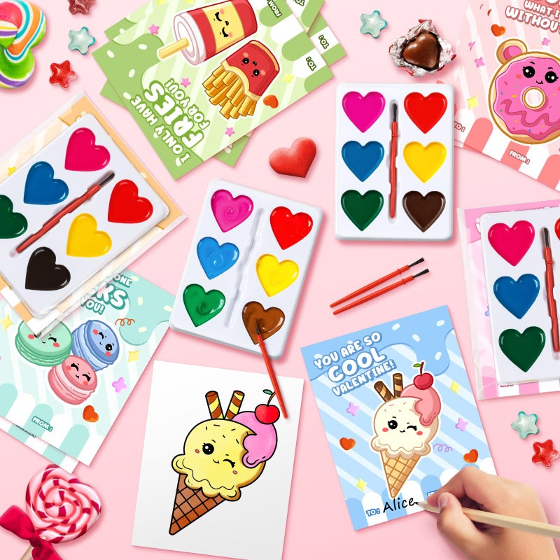 Duchong Valentines Day Gifts for Kids, 24 Packs Heart Watercolor Paint Sets with Dessert Food Painting Cards, Classroom School Exchange Prizes & Art Party Favors for Boys Girls - Image 5