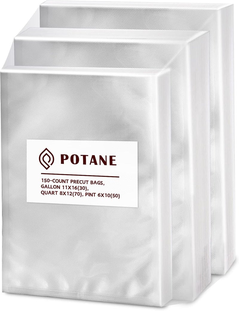 Potane Vacuum Sealer Bags, Precut 150 Gallon 11x16, Quart 8x12, Pint 6x10, Smell-Proof, Puncture Prevention and Heavy duty. Commercial Grade - Image 1