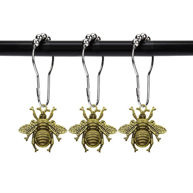 SET OF 12 BEE SHOWER CURTAIN HOOKS RINGS GARDEN INSECT FLOWERS SPRING THEME BATHROOM DECOR GOLD