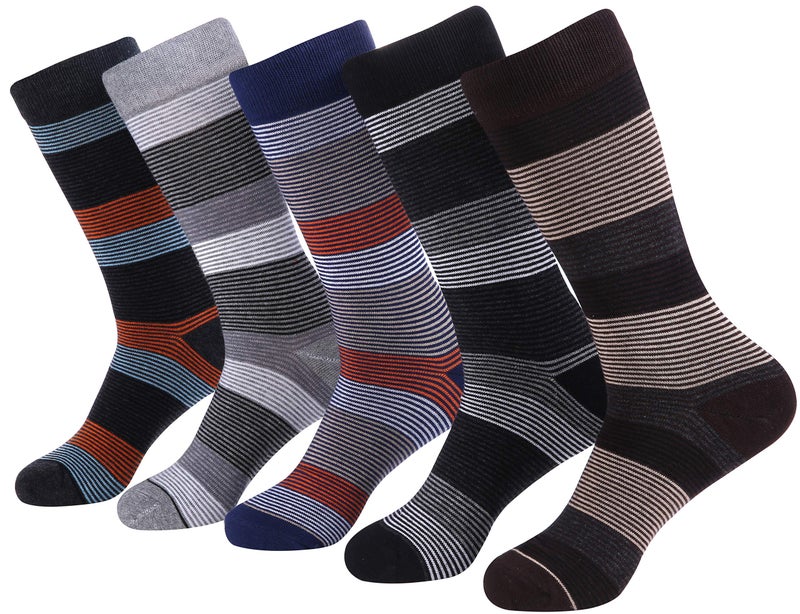 Marino Avenue Marino Mens Patterned Dress Socks, Colorful Fun Socks, Fashion Cotton Socks - 5 Pack - Conventional Design Dress Socks - Genteel Striped - 10-13 - Image 1