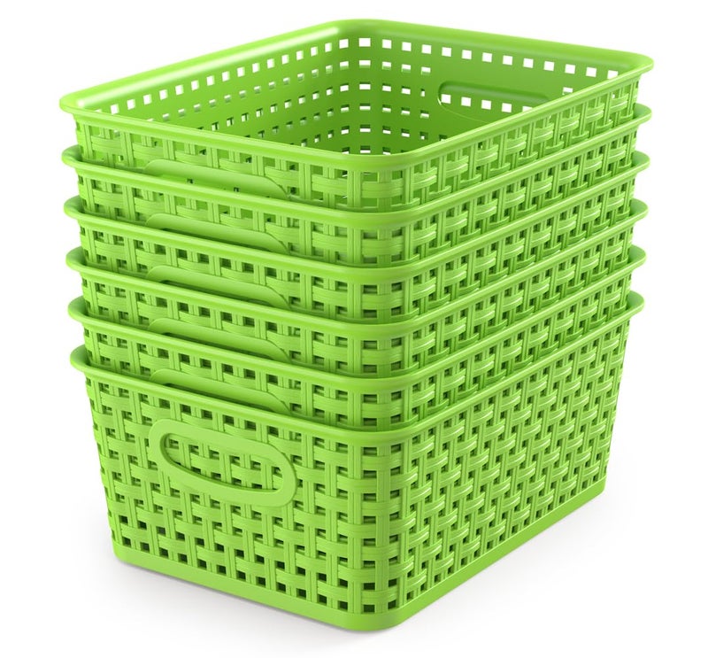WYT 6-Pack Plastic Small Shelf Storage Weave Baskets Organizing for Cabinets and Pantries, Green - Image 1