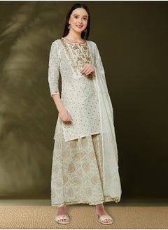 Abhishti embroidered kurta with brocade flare pants and dupatta-offwhite  - Image 1