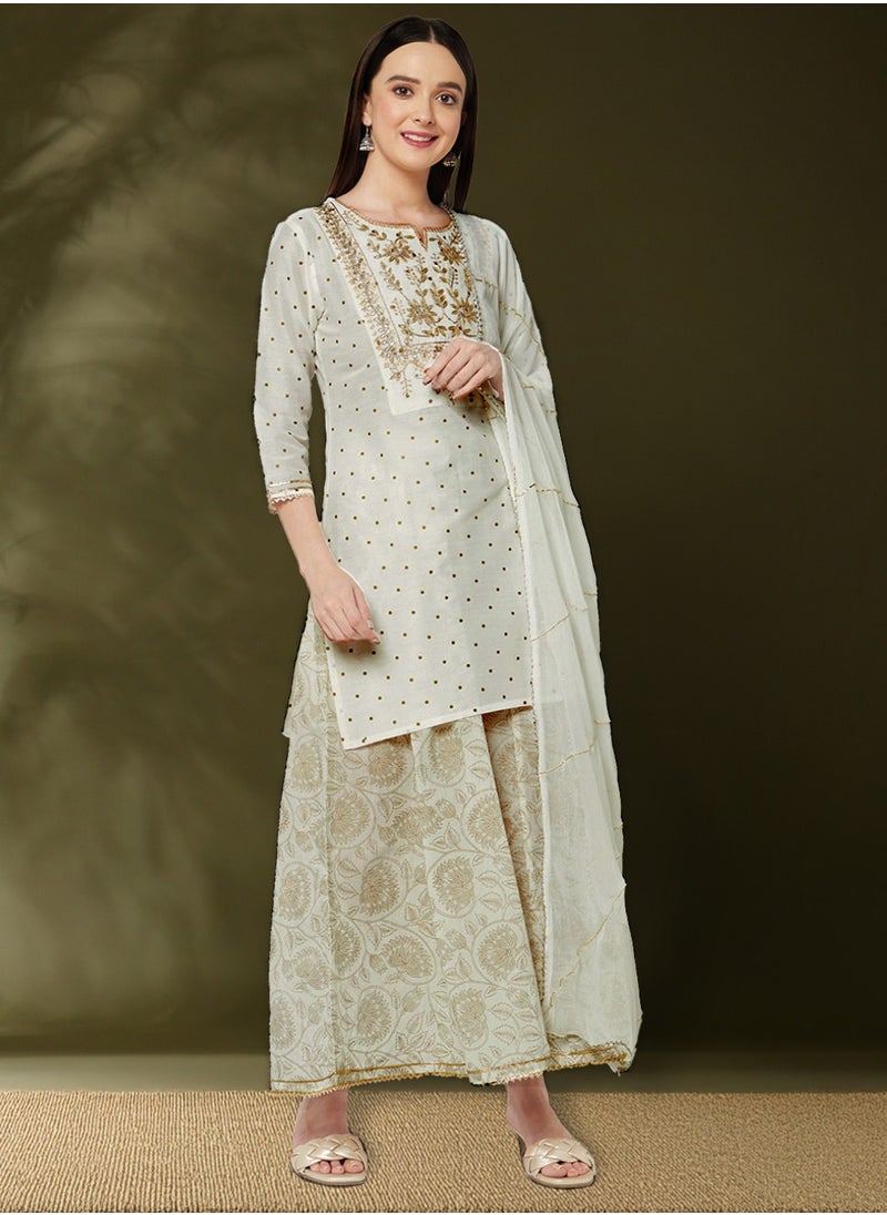 Abhishti embroidered kurta with brocade flare pants and dupatta-offwhite  - Image 1