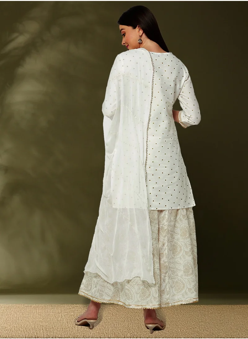 Abhishti embroidered kurta with brocade flare pants and dupatta-offwhite