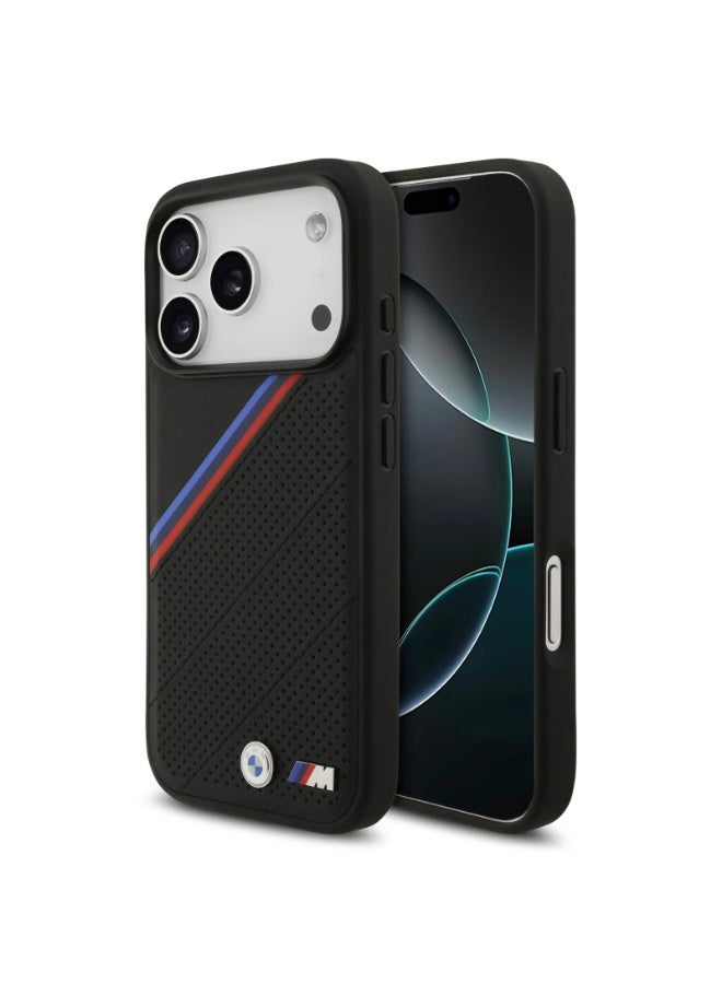 BMW iPhone 17 Pro Max MagSafe Case / PU Leather Cover With Tricolor Slanted  Stripes & Metal Logos - Image 1