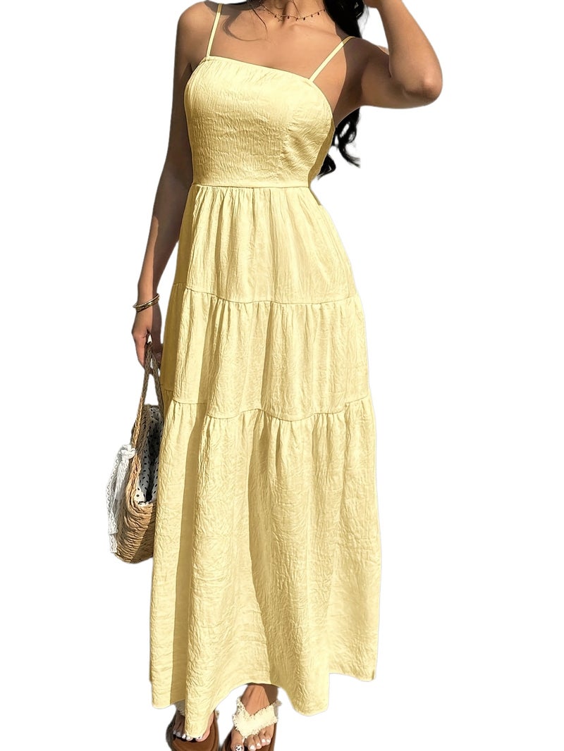 Textured Fabric, Ruched Elastic Waist, Sleeveless Dress, Loose-fitting Effect, Vacation Style - Image 1