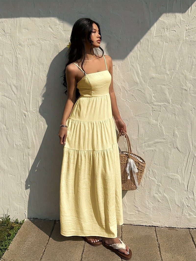 Textured Fabric, Ruched Elastic Waist, Sleeveless Dress, Loose-fitting Effect, Vacation Style - Image 2