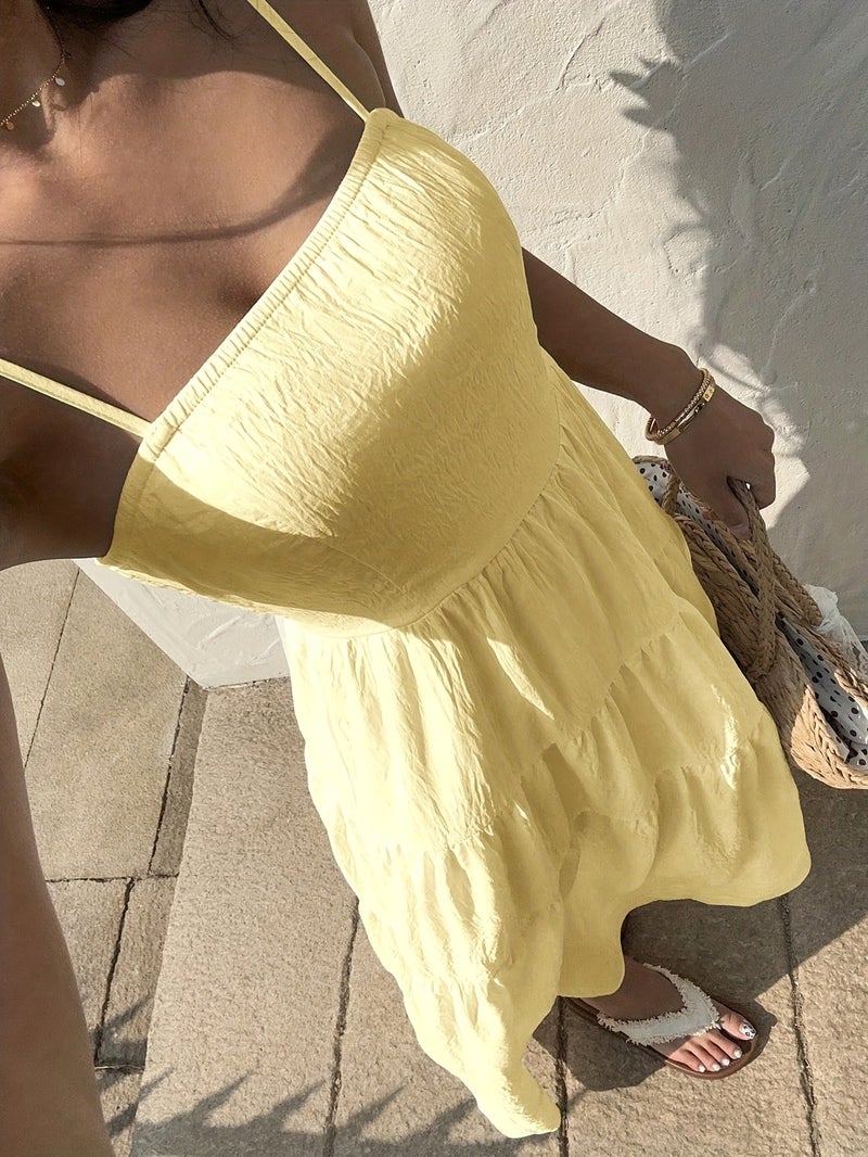 Textured Fabric, Ruched Elastic Waist, Sleeveless Dress, Loose-fitting Effect, Vacation Style - Image 5