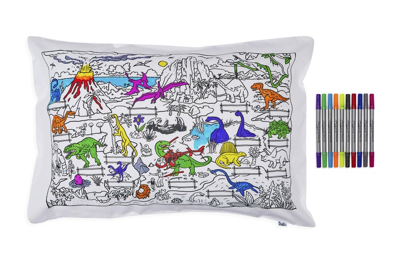 eatsleepdoodle eatsleepdoodle Coloring Pillowcase for Kids w 10pk Washable Markers for Kids  30x20in Dinosaur Kids Coloring Pillowcase  Ultra Washable  Reusable Arts and Crafts for Kids 