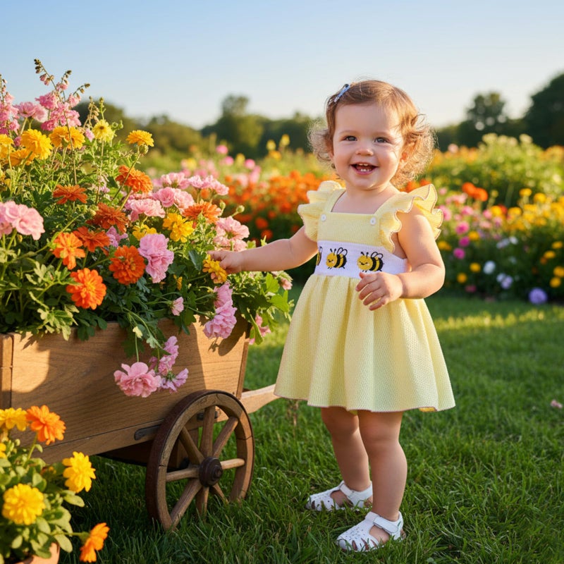 Amnnchya Baby Girl Summer Clothes Cute Bee Fly Sleeve Smocked Romper Dress Jumpsuit Newborn Infant Girls Spring Dresses (Yellow, 0-3 Months) - Image 5