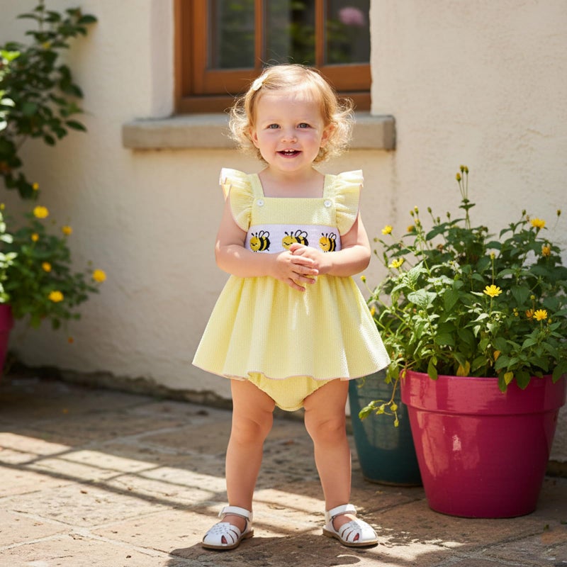 Amnnchya Baby Girl Summer Clothes Cute Bee Fly Sleeve Smocked Romper Dress Jumpsuit Newborn Infant Girls Spring Dresses (Yellow, 0-3 Months) - Image 3