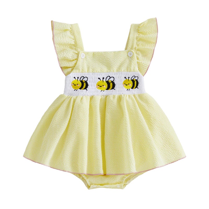 Amnnchya Baby Girl Summer Clothes Cute Bee Fly Sleeve Smocked Romper Dress Jumpsuit Newborn Infant Girls Spring Dresses (Yellow, 0-3 Months) - Image 1