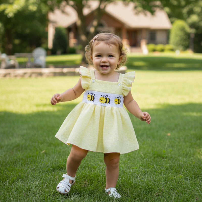 Amnnchya Baby Girl Summer Clothes Cute Bee Fly Sleeve Smocked Romper Dress Jumpsuit Newborn Infant Girls Spring Dresses (Yellow, 0-3 Months) - Image 2