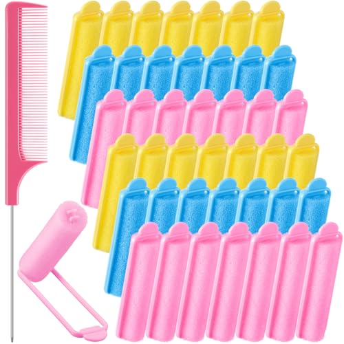 Syhood 43 Pcs Foam Sponge Hair Rollers Women 059 Inch Soft Sleeping Curlers Flexible Sponge Curler Tool and Rat Tail Comb for Hair Styling Hairdressing Overnight Curl and VolumePink Blue Yellow - Image 1