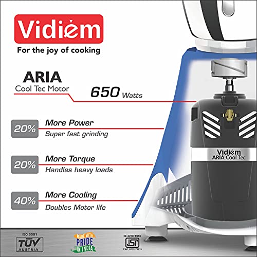 Vidiem Mixer Grinder 611 A Blue Mist | 650 Watts Mixer Grinder with 3 Leakproof Jars with self-lock for wet & dry spices chutneys & curries | 2 Years Warranty - Image 3