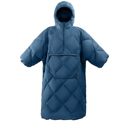 ATEPA Wearable Sleeping Bag Blanket Poncho Recycled Insulated WaterResistant Camping Poncho with Hood Ultralight Packable Stadium Blanket for Hiking Fishing Backpacking BBQ Outdoor Sports Blue - Image 1