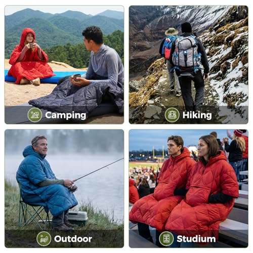 ATEPA Wearable Sleeping Bag Blanket Poncho Recycled Insulated WaterResistant Camping Poncho with Hood Ultralight Packable Stadium Blanket for Hiking Fishing Backpacking BBQ Outdoor Sports Blue - Image 3