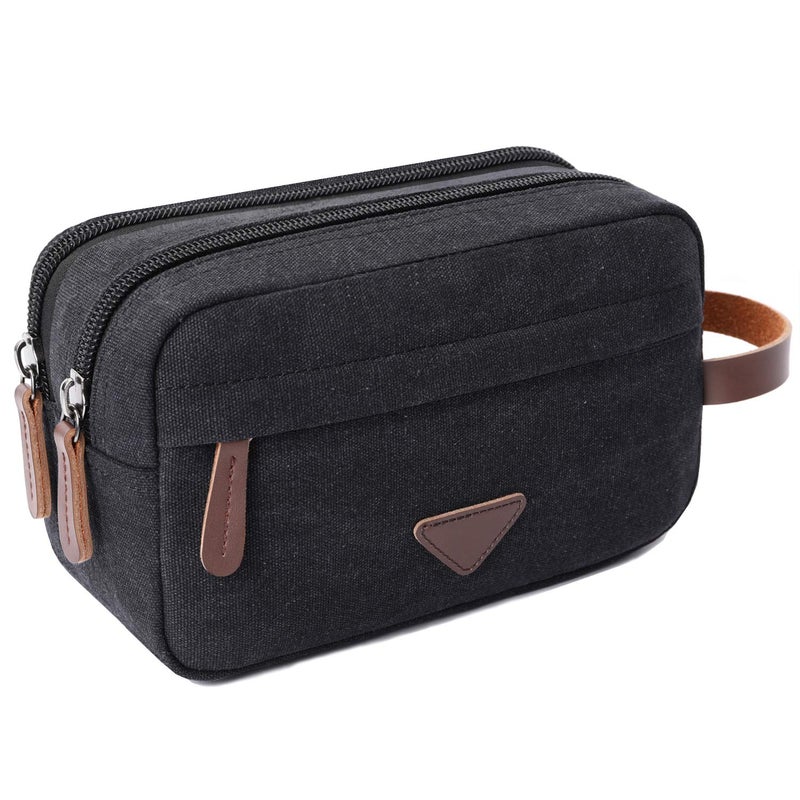 Mactso Mens Travel Toiletry Bag Canvas Leather Cosmetic Makeup Organizer Shaving Dopp Kits with Double Compartments (Black)