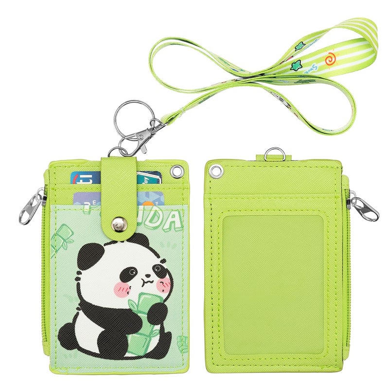 HASFINE ID Badge Holder with Lanyard,Cute Panda Work Badge with Zipper Pocket, 2-Sided Functional Card Wallet with 3 Card Slots and Detachable Keychain for Teacher Student Nurse Worker (Green) - Image 1