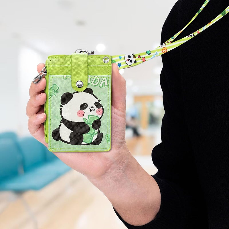 HASFINE ID Badge Holder with Lanyard,Cute Panda Work Badge with Zipper Pocket, 2-Sided Functional Card Wallet with 3 Card Slots and Detachable Keychain for Teacher Student Nurse Worker (Green) - Image 5