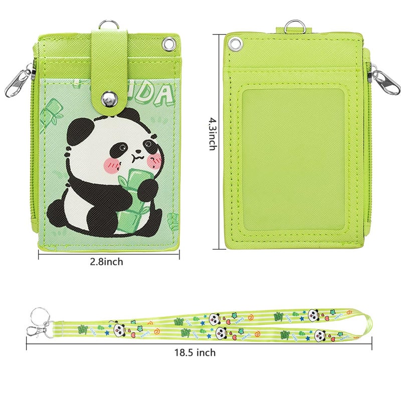 HASFINE ID Badge Holder with Lanyard,Cute Panda Work Badge with Zipper Pocket, 2-Sided Functional Card Wallet with 3 Card Slots and Detachable Keychain for Teacher Student Nurse Worker (Green) - Image 3