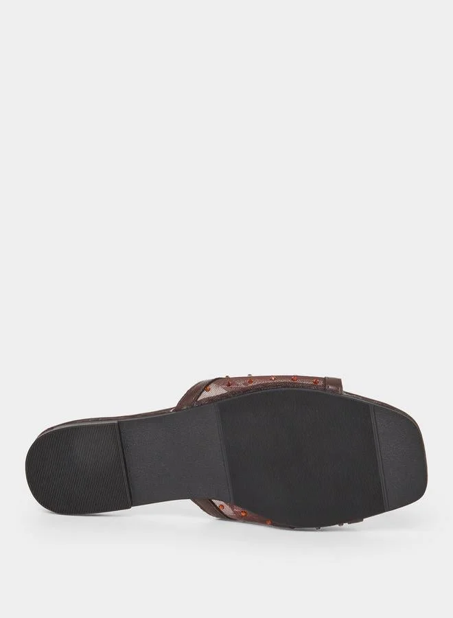 Styli Brown Studded Mesh Flat Sandals
