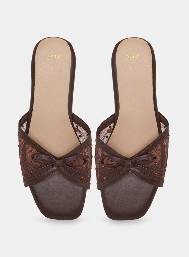 Styli Brown Studded Mesh Flat Sandals