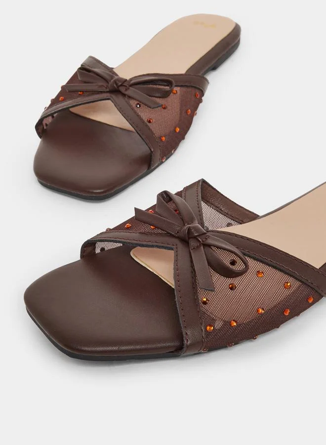 Styli Brown Studded Mesh Flat Sandals
