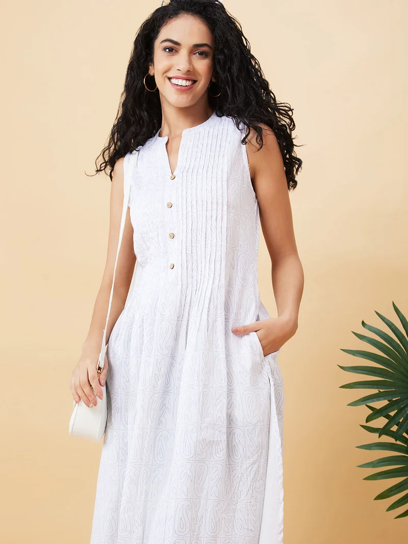 Women White Ethnic Motifs Printed Mandarin Collar A-Line Pure Cotton Kurta