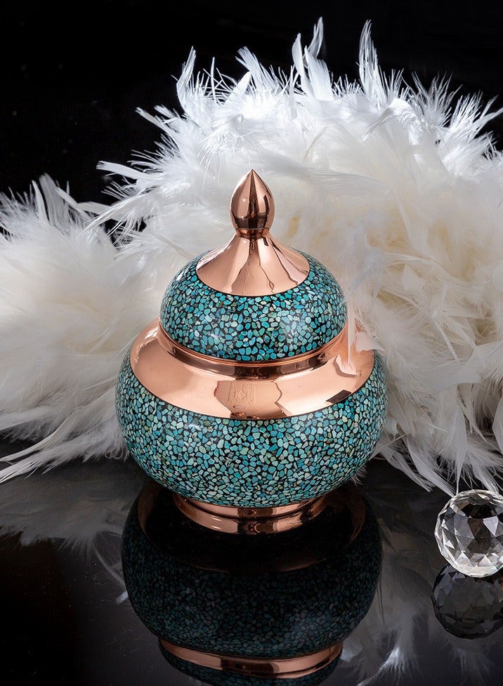 Aghajani Handcrafted Antique Copper and Turquoise Sugar Pot Bowl with Lid, Vintage-Inspired Home Decor - Image 1