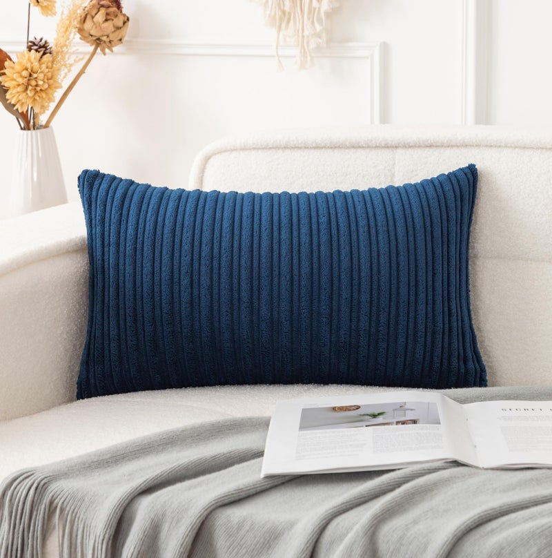 UGS UGASA UGASA Velvet Soft Solid Corduroy Striped Decorative Throw Pillow Covers Set Cushion Case for Sofa/Bedroom/Car, 1 Pc, 12x20 Inch, Navy Blue - Image 1