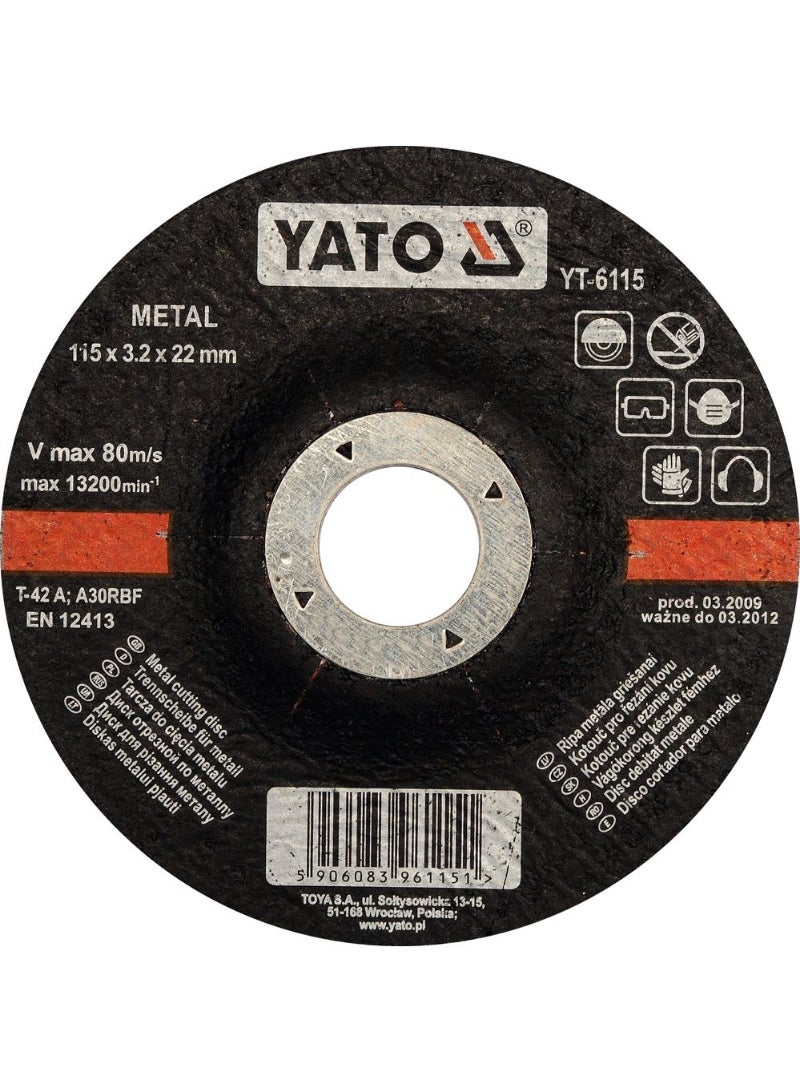 YATO Metal Cutting Disc 115x3.2x22mm Depressed Center YT-6115
