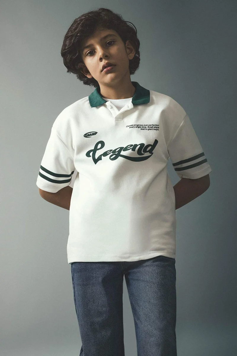 DeFacto Boy Slogan Print Short Sleeve Oversize Polo T-Shirt