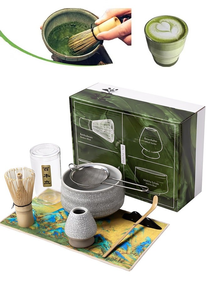 Japanese Matcha Tea Set, 7Pcs Matcha Whisk Set with Matcha Bowl, Matcha Bamboo Whisk, Scoop, Whisk Holder, Stainless Steel Tea Sifter, Tea Making Kit  - Image 1