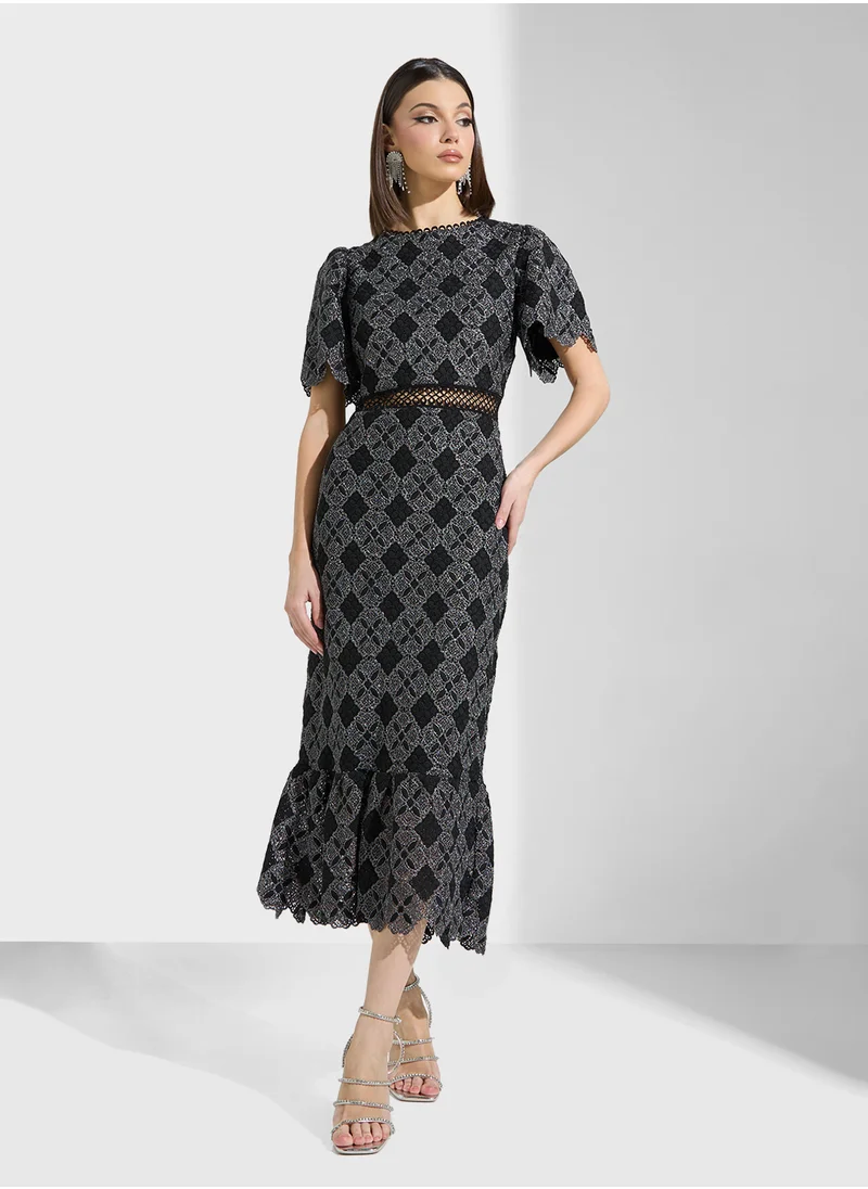 Just Me Floral All Over Puff Short Sleeve Midi Dress