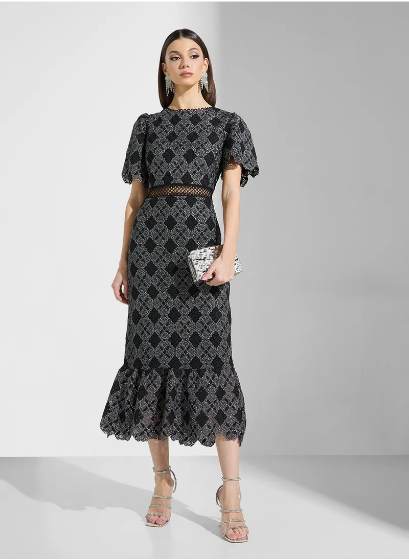 Just Me Floral All Over Puff Short Sleeve Midi Dress
