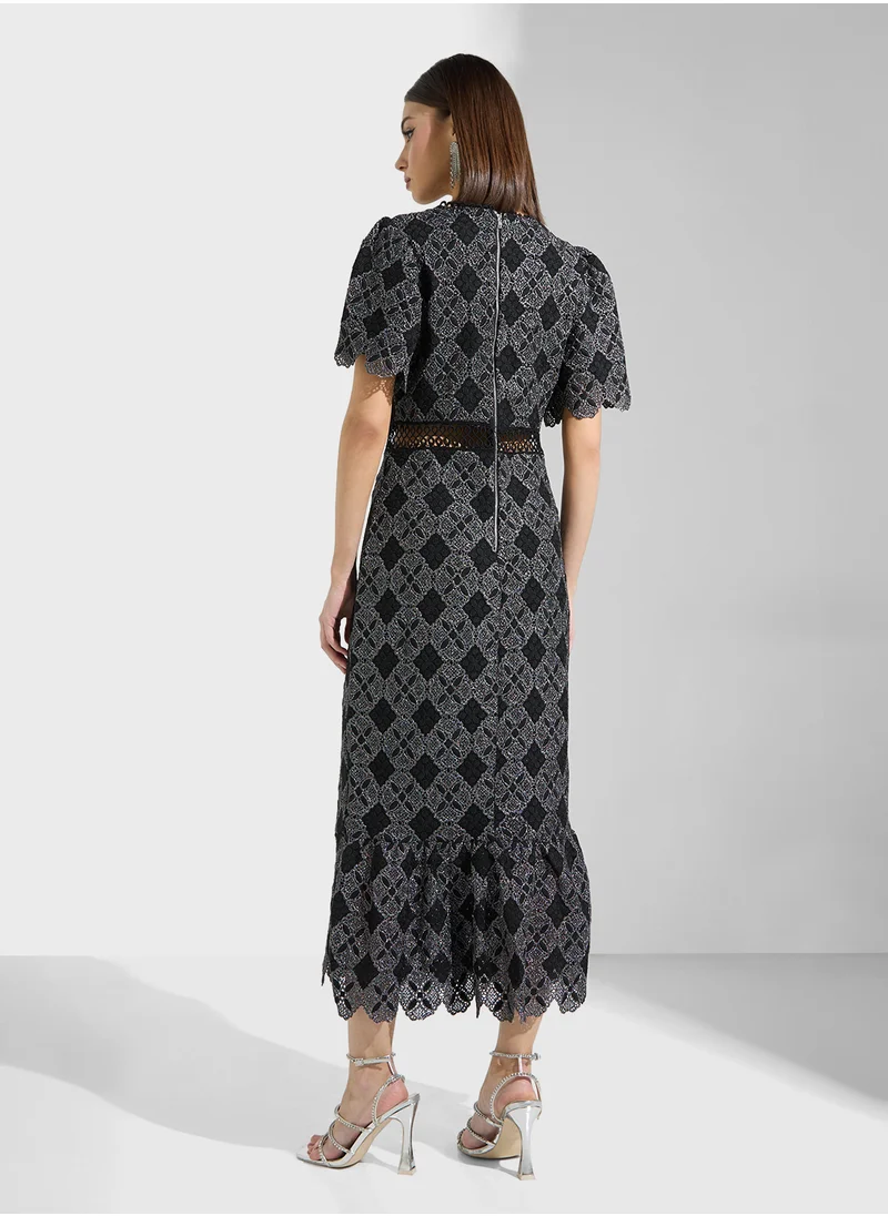 Just Me Floral All Over Puff Short Sleeve Midi Dress