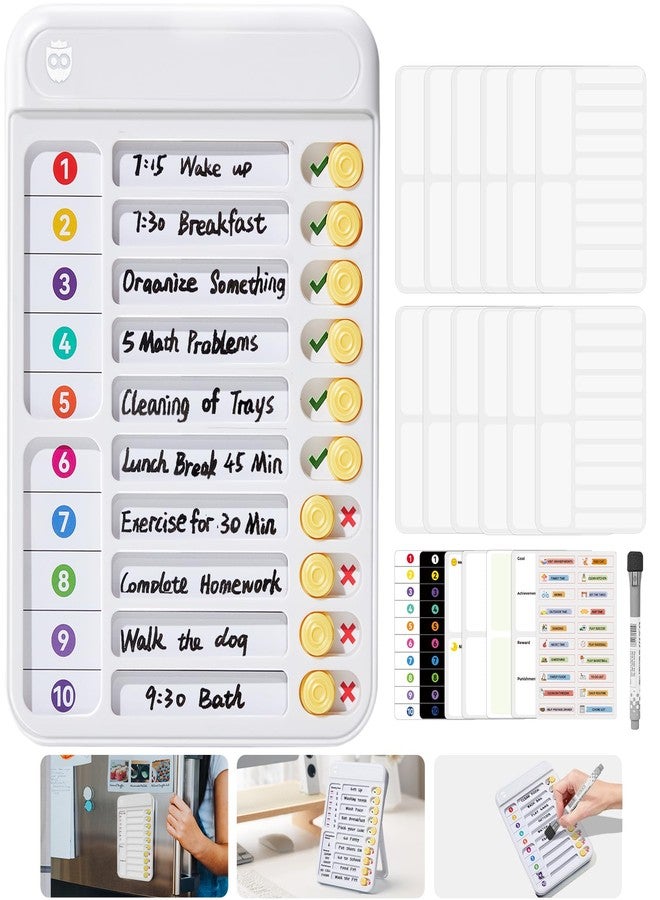 Owlprince Magnetic Chore Chart for Kids, ADHD Tools for Kids to Do List Checklist Task Board Routine Chart Visual Schedule for Fridge with 10 Sliders and Magnetic Marker - White - Image 1