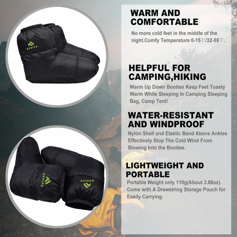 AUDIFU Down Booties Warm Socks Ultralight Sleeping Sock for Camping, Backpacking - Camp Sleeping Bag Tent Down Foot Warmer for Men & Women (Black, Large) - Image 2