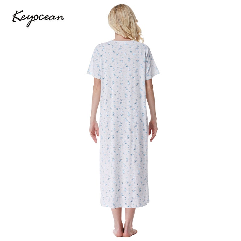 Keyocean Women‘s Nightgowns, Soft Lightweight 100% Cotton Lace Trim Short Sleeves Ladies Nightdress Gown for Summer, Blue Floral, X-Large (XL) - Image 2