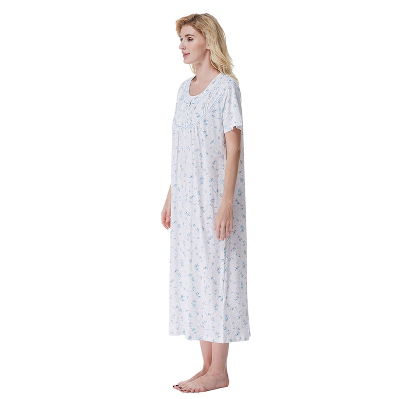 Keyocean Women‘s Nightgowns, Soft Lightweight 100% Cotton Lace Trim Short Sleeves Ladies Nightdress Gown for Summer, Blue Floral, X-Large (XL) - Image 5