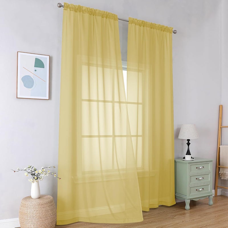 SimpleBrand Yellow Sheer Curtains 96 Inches Long, Light Filtering Rod Pocket Solid Color Window Sheer Curtain Panels, Elegant Curtains & Drapes for Living Room, Bedroom 2 Panels, 42" W x 96" L - Image 1