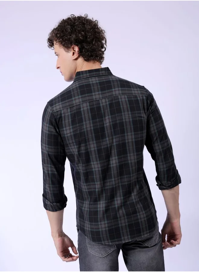 شركة المرآب الهندية Men Slim Fit Checkered Full Sleeves Cutaway Collar Casual Shirt