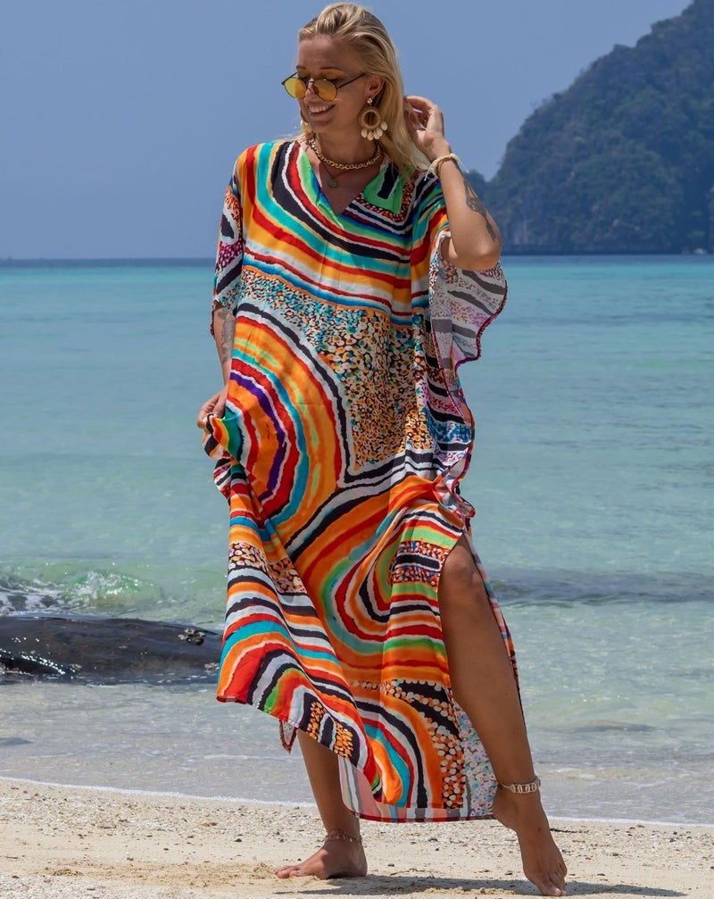 IMAGEKOPE Women's Plus Size Moroccan Print V-Neck Batwing Kaftan Loose Fit Beach Dress Bathing Suit Cover Up - Image 5