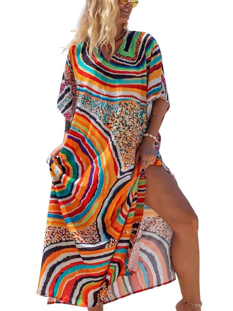IMAGEKOPE Women's Plus Size Moroccan Print V-Neck Batwing Kaftan Loose Fit Beach Dress Bathing Suit Cover Up - Image 1